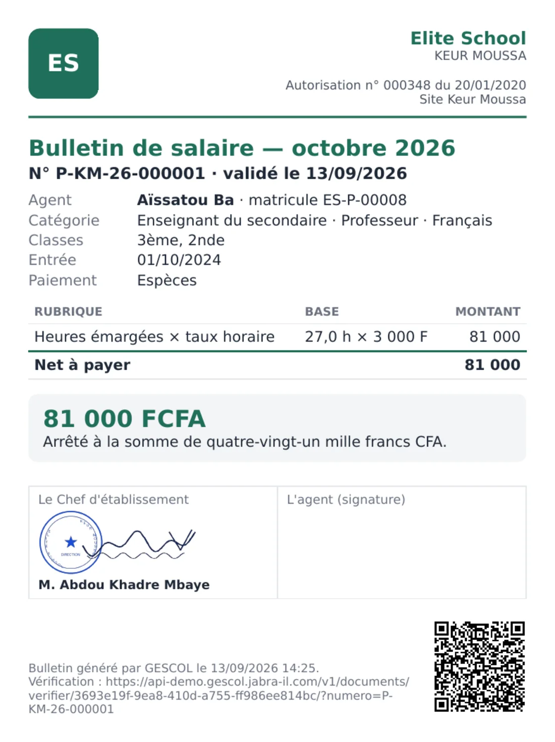 Bulletin de salaire PDF numéroté, cacheté et signé