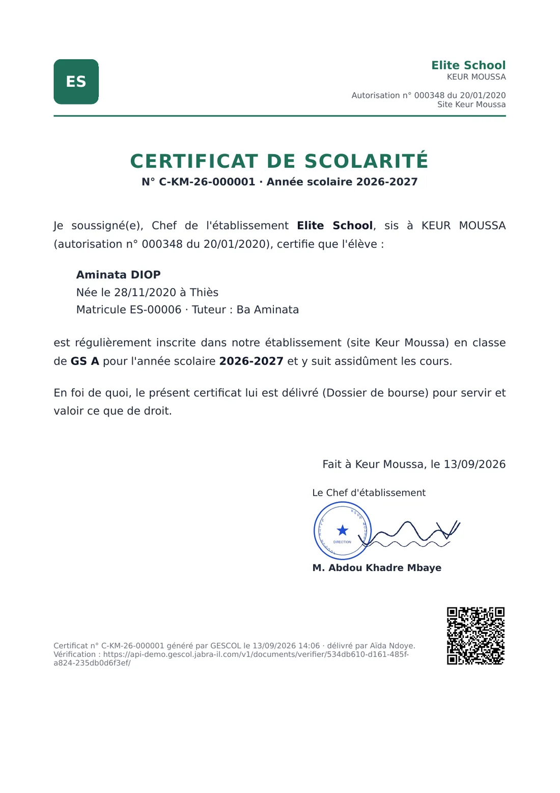 Certificat de scolarité PDF signé et cacheté