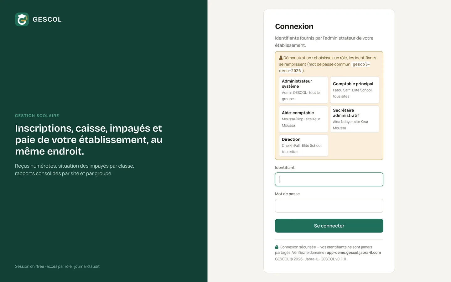Page de connexion de la démo avec le choix du rôle