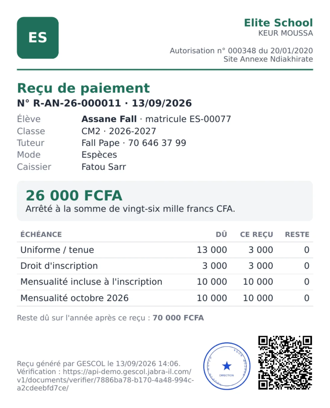 Reçu de paiement PDF : élève, échéances imputées, montant en lettres, cachet et QR