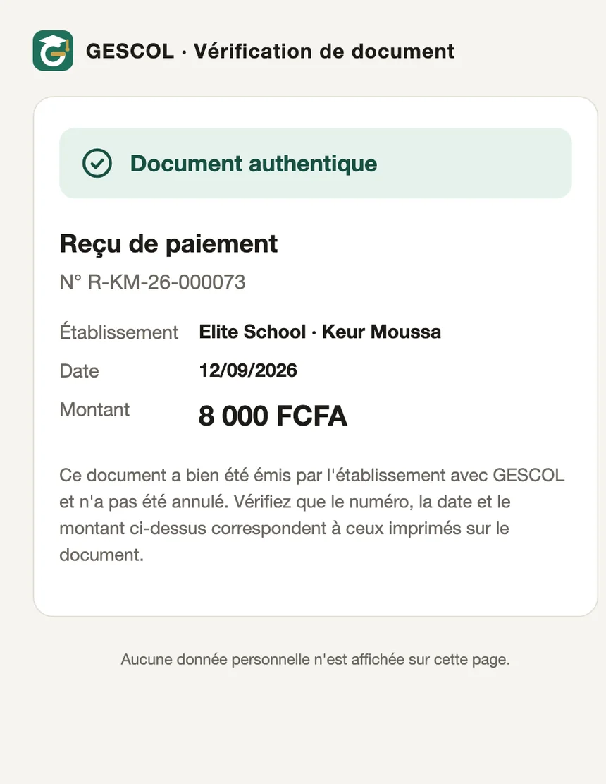 Page de vérification sur un téléphone : Document authentique, reçu de paiement, numéro, date et montant